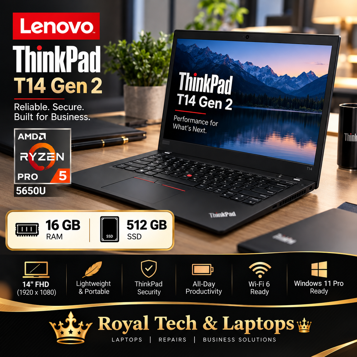 Lenovo ThinkPad T14 Gen 2 — 14" Ryzen 5 Pro 5650U